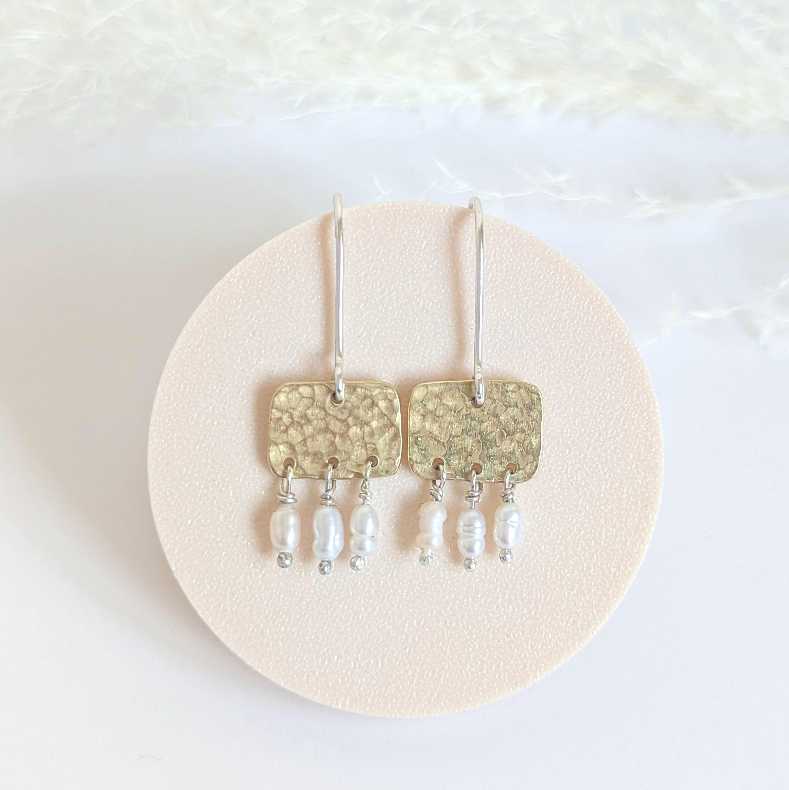 Roman style hammered brass gold squares with 3 seed pearl droplets hanging from each square | 925 Sterling Silver ear wires - mixed metals 