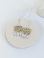 Roman style hammered brass gold squares with 3 seed pearl droplets hanging from each square | 925 Sterling Silver ear wires - mixed metals 