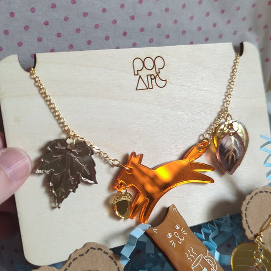 Fox & Leaf themed acrylic jewellery gift box, This set includes; acrylic necklace, dangle earrings and funny cat brooch