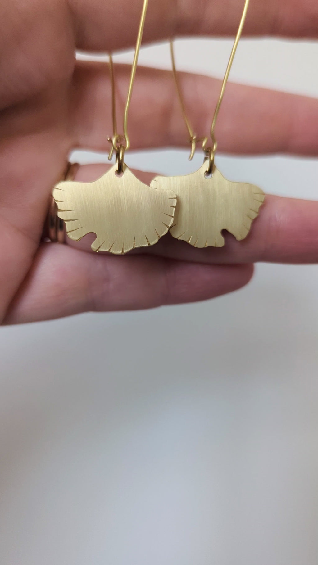 HANDMADE GINGKO BILOBA LEAF SOLID BRASS GOLD HOOP EARRINGS