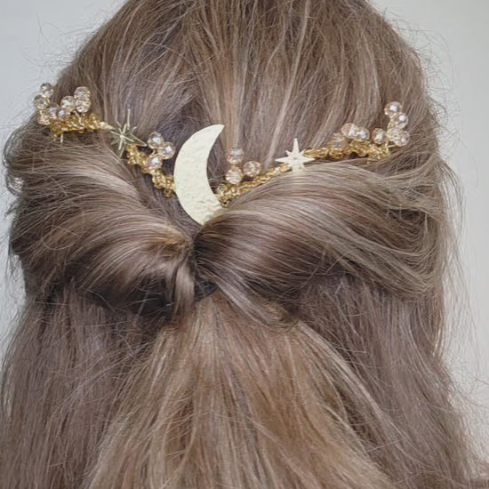 Celestial Star & Moon crystal gold wedding hair vine