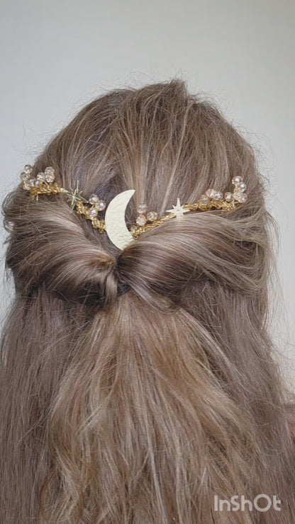 Celestial Star & Moon crystal gold wedding hair vine