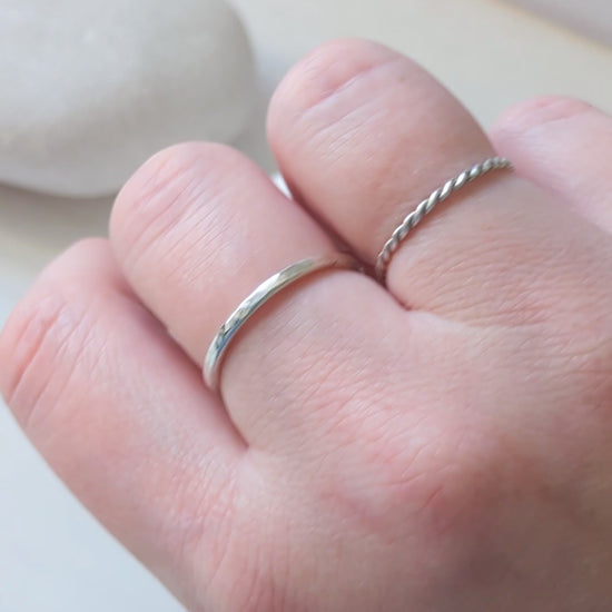 Hammered & twisted rope, slim sterling silver stacking ring bands - minimalist ring set