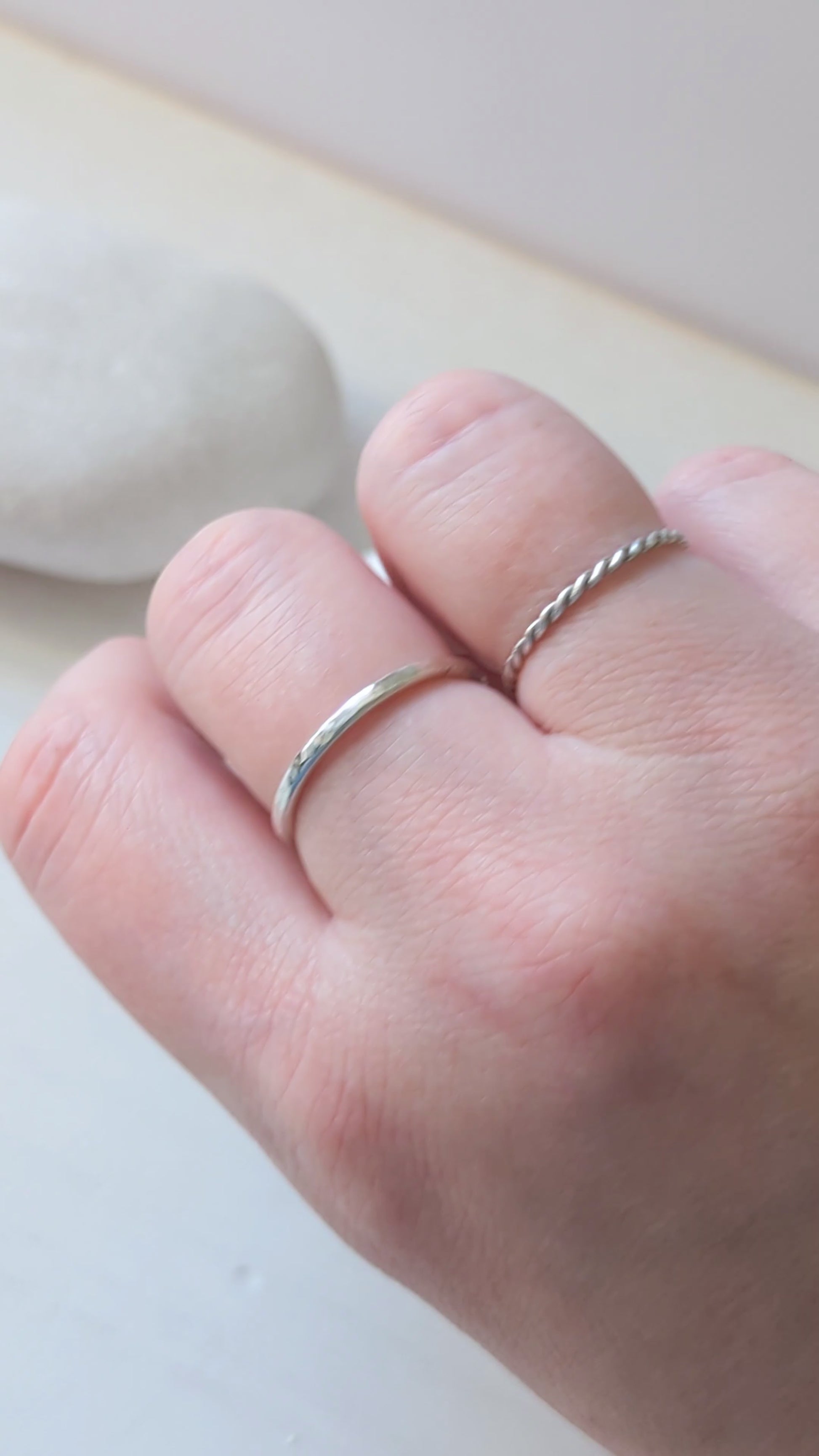 Hammered & twisted rope, slim sterling silver stacking ring bands - minimalist ring set