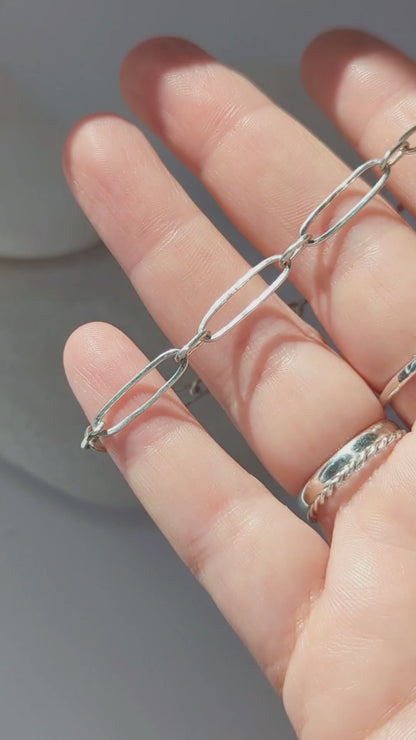 Sterling 925 Silver Paperclip bracelet, Hammered beach inspired organic texture, 8" long for a relaxed fit