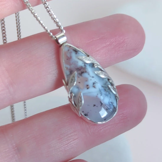 teardrop pendant with leaf details in sterling silver, with dendritic agate stone