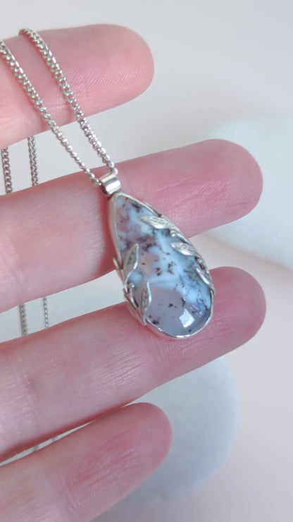 teardrop pendant with leaf details in sterling silver, with dendritic agate stone