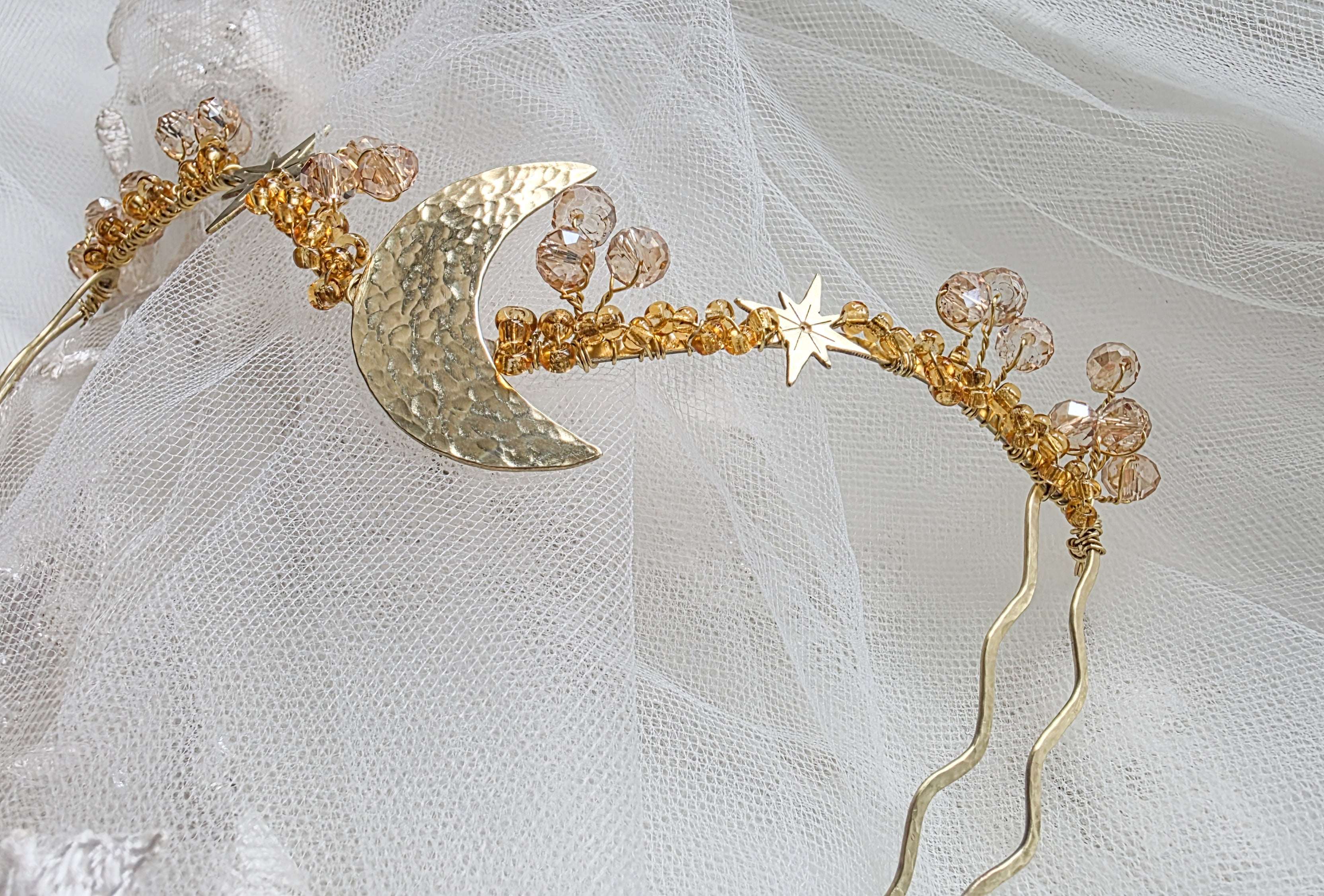 Celestial Star & Moon crystal gold wedding hair vine