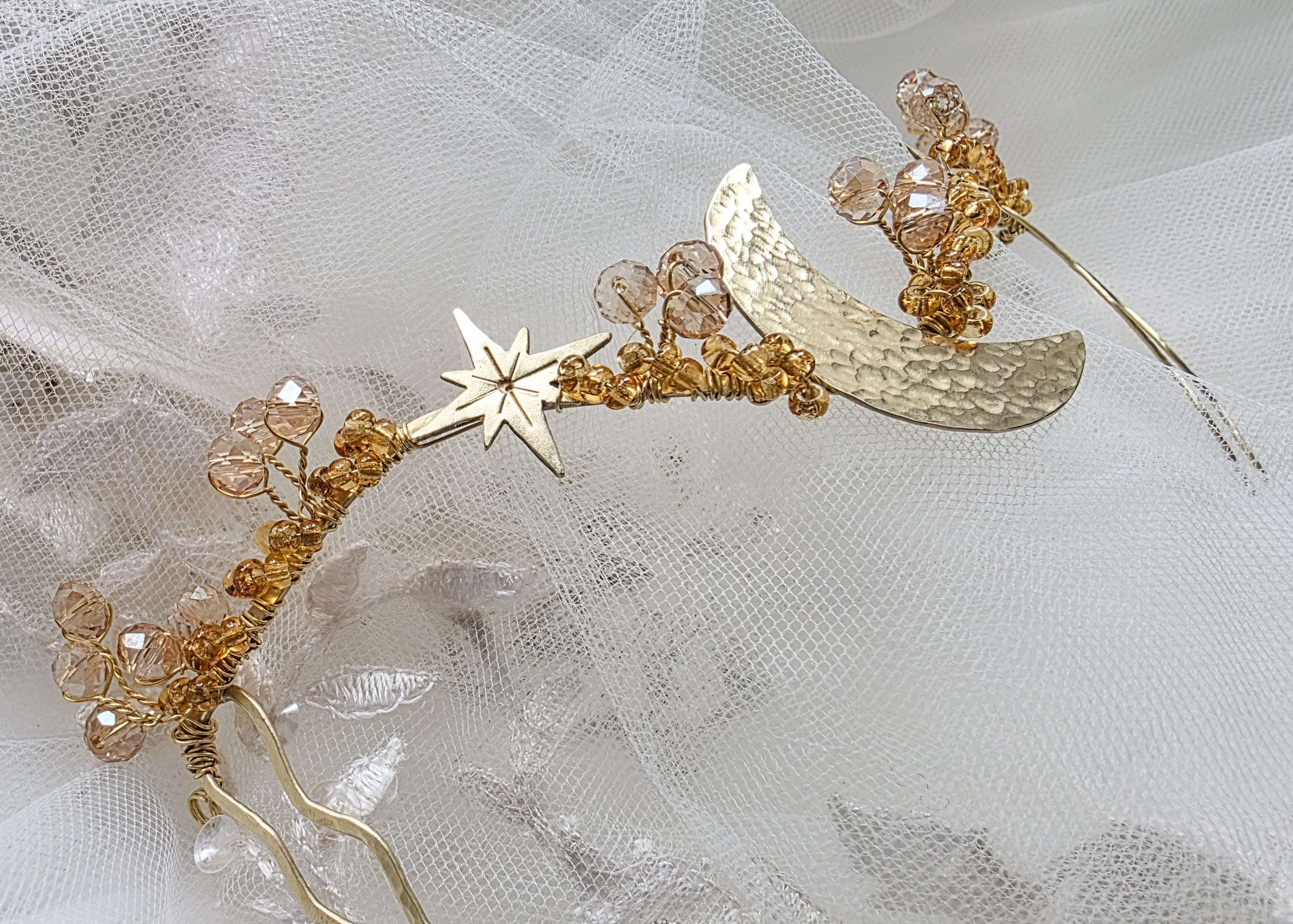 Celestial Star & Moon crystal gold wedding hair vine