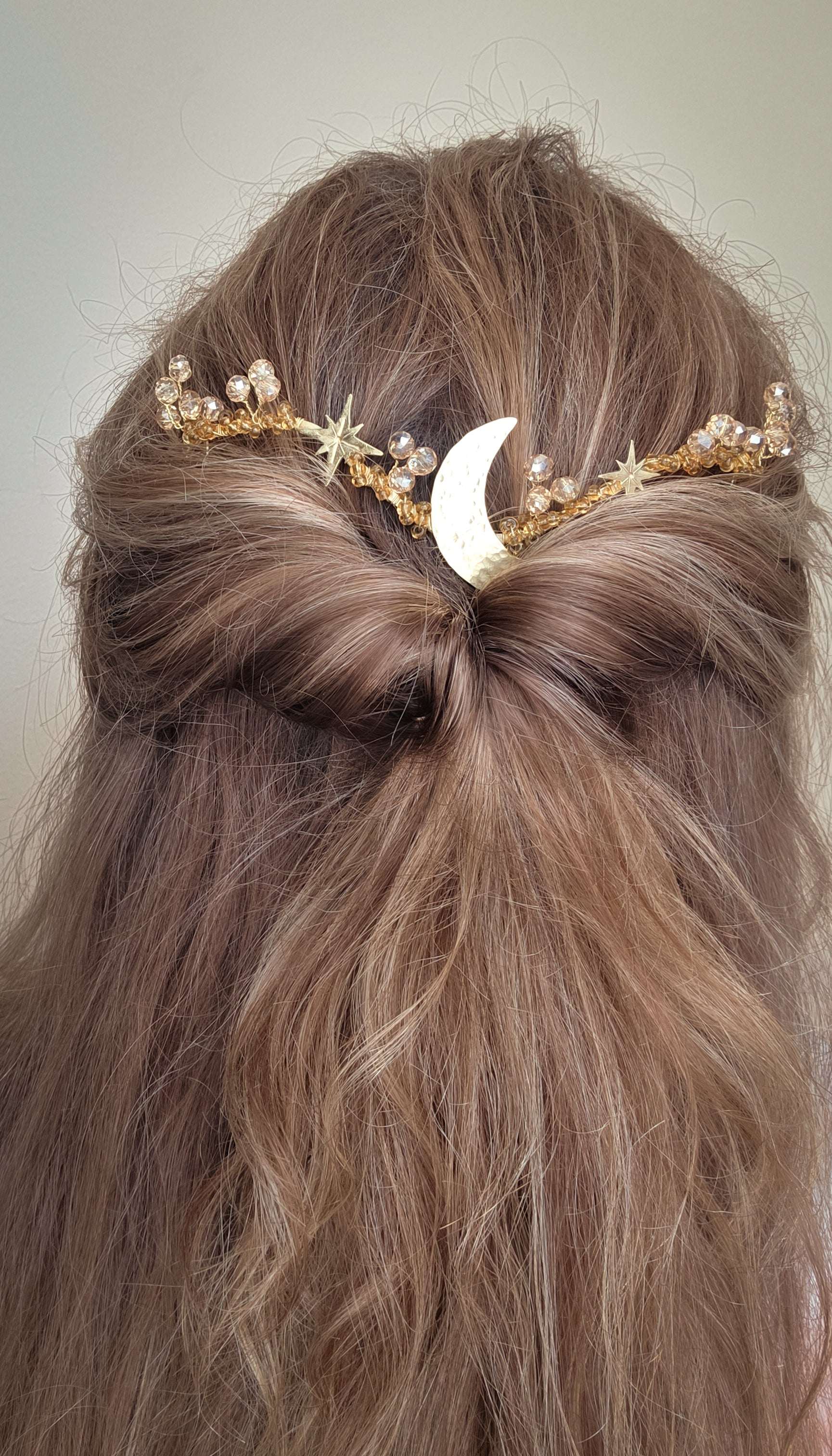 Celestial Star & Moon crystal gold wedding hair vine