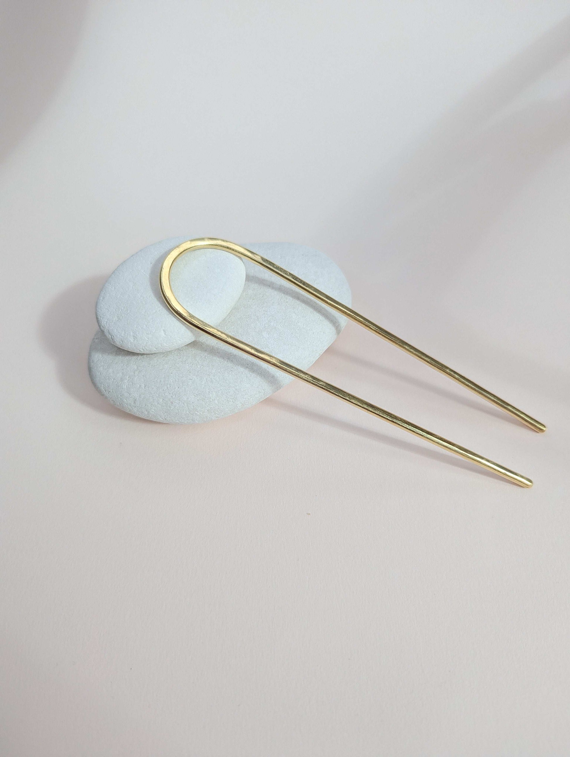 Handmade wide gold brass Hair fork: Minimalist Bun Holder