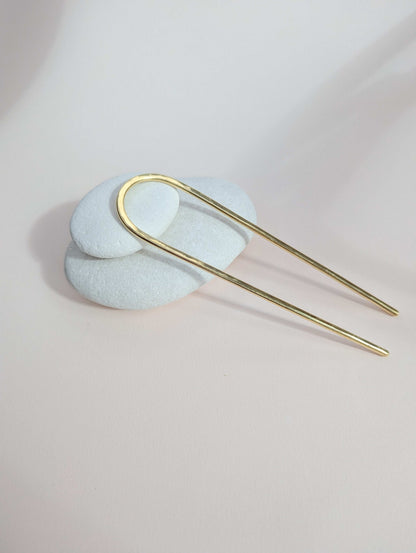 Handmade wide gold brass Hair fork: Minimalist Bun Holder