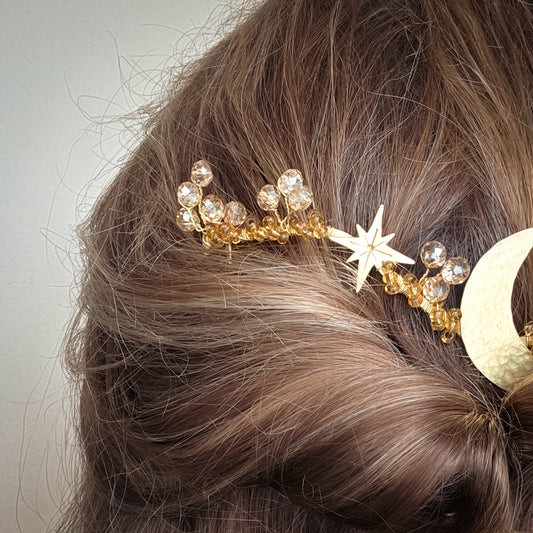 Celestial Star & Moon crystal gold wedding hair vine
