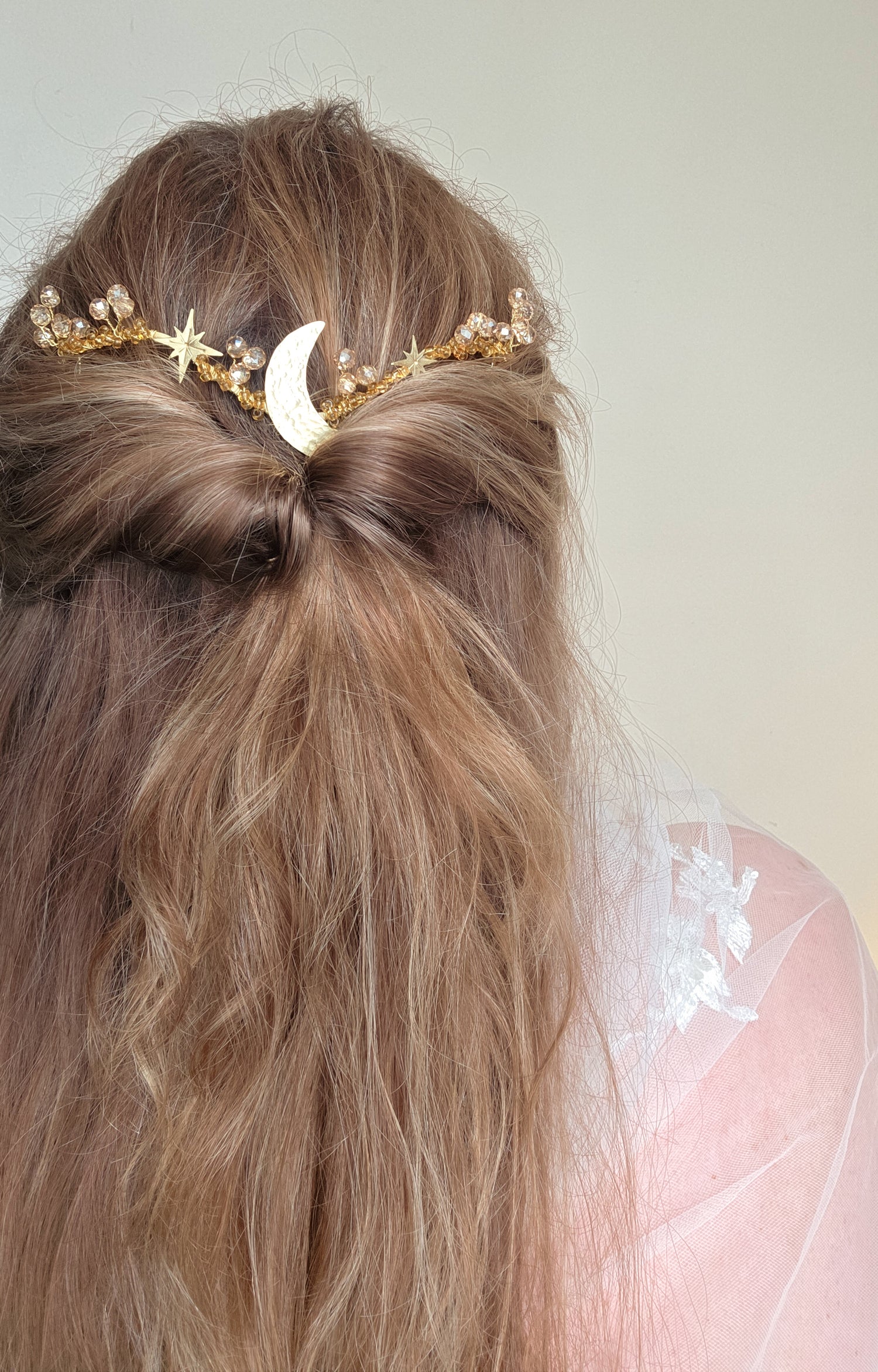 Celestial Star & Moon crystal gold wedding hair vine